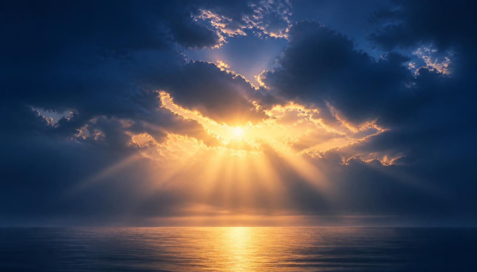 Golden dawn light breaking through deep blue clouds above a calm sea